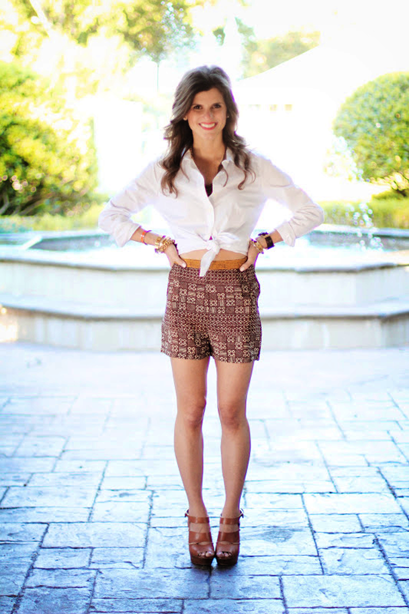 silk printed shorts and tied up oxford