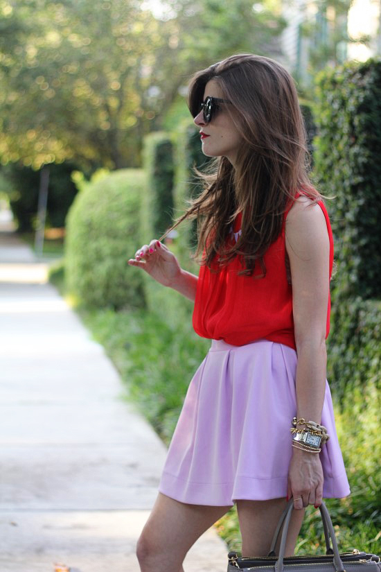 red and lilac outfit