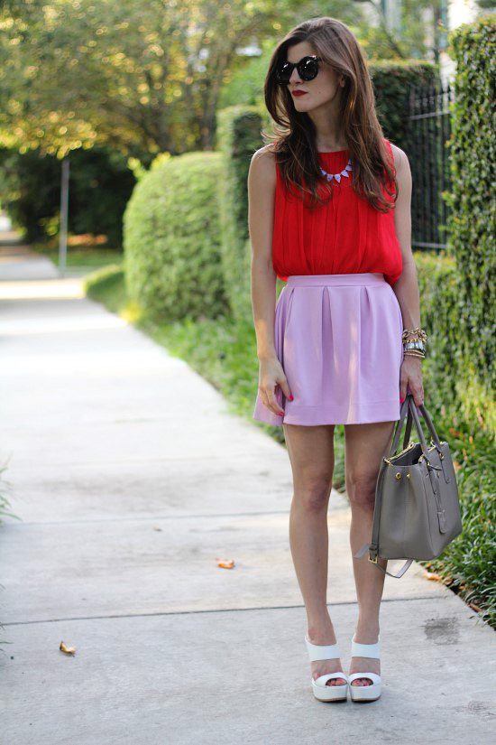 red and lilac outfit