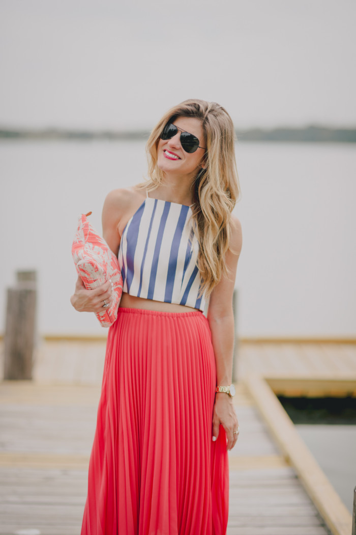 coral pleated midi skirt + light blue crop top outfit