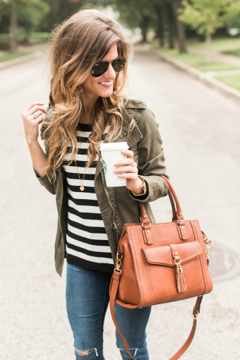 Simple & Cute Fall Outfit Idea - Stripes + Cognac + Green Military Jacket
