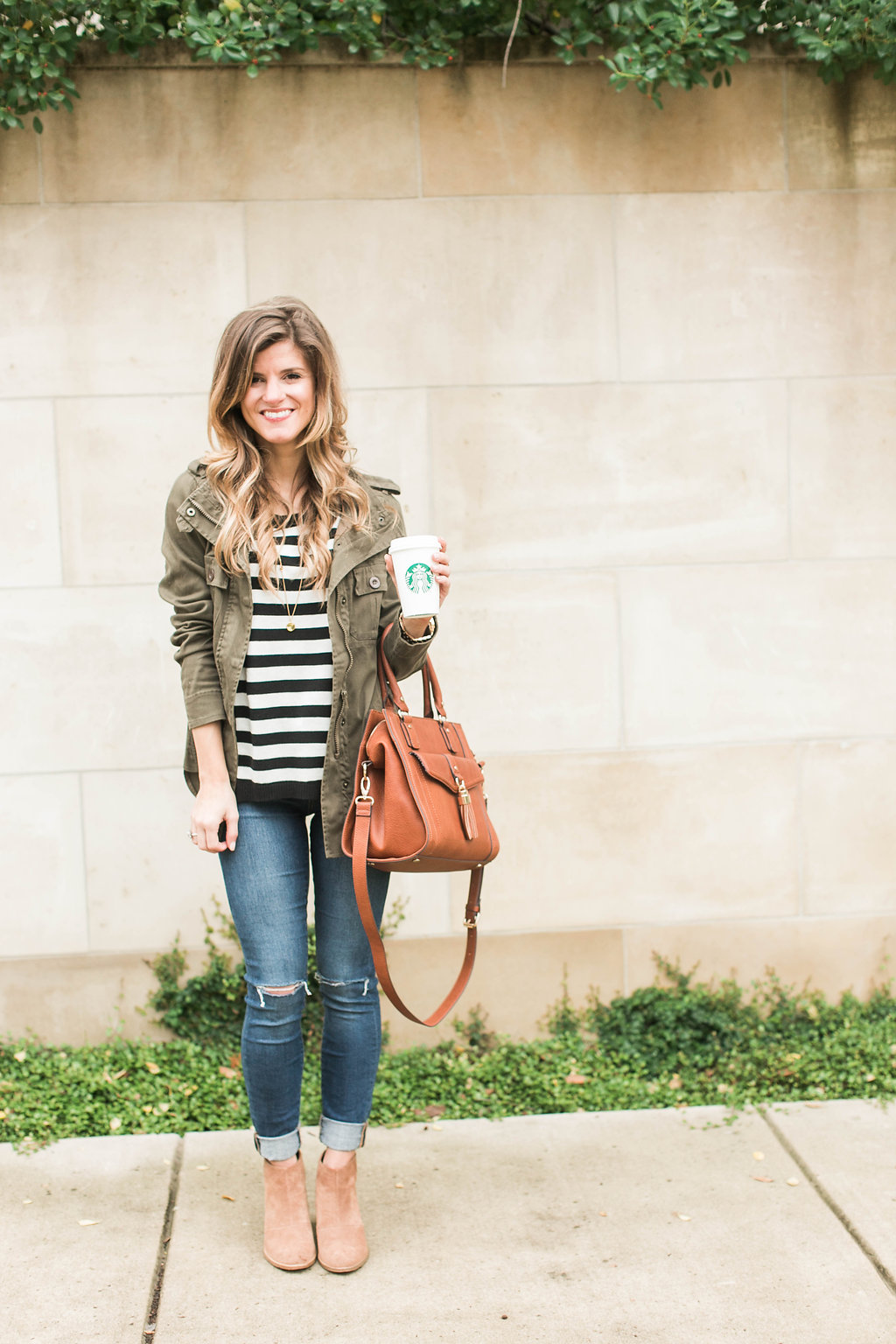 Simple & Cute Fall Outfit Idea - Stripes + Cognac + Green Military Jacket