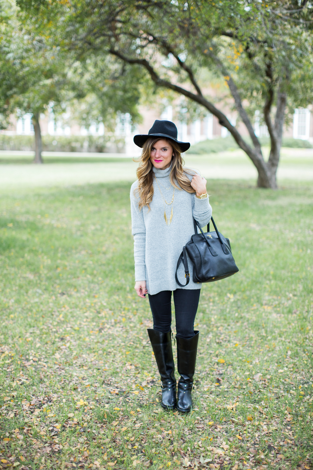 Grey Mock Neck Turtleneck Black Jeans and Black Tory Burch Riding Boots ...