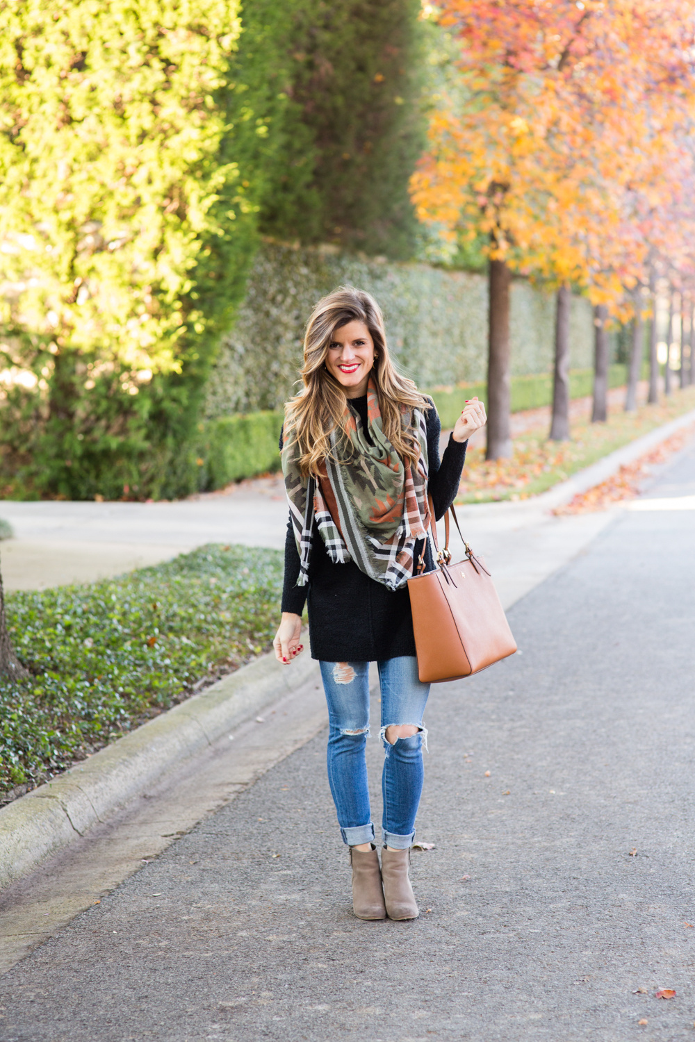 Tunic and Scarf Outfit + Ripped Jeans + Ankle Booties