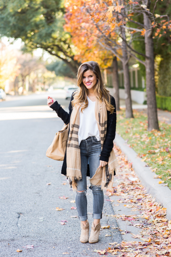 Grey Jeans Outfit with long black cardigan