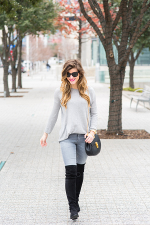 grey on grey outfit + lowland over the knee boots