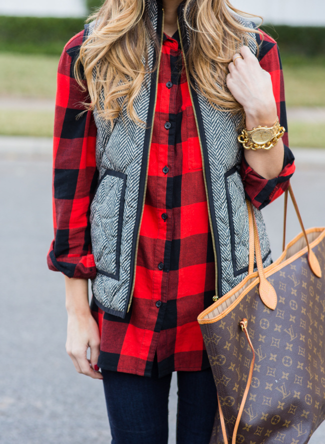Casual Fall Outfit: Herringbone vest and plaid + Riding Boots