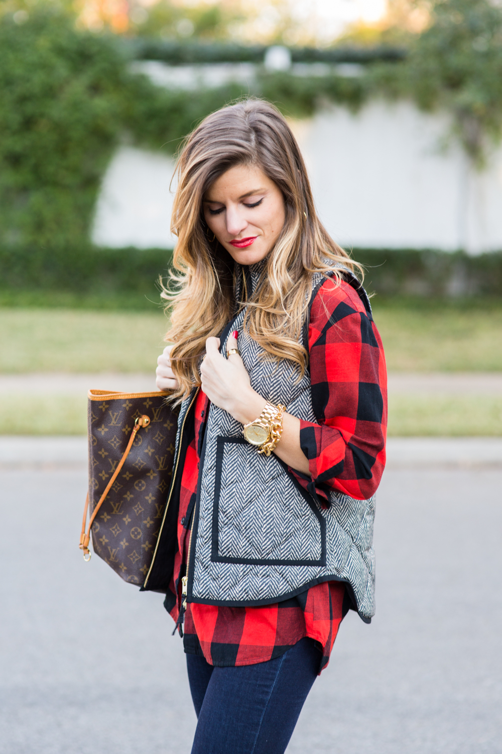 Casual Fall Outfit: Herringbone vest and plaid + Riding Boots