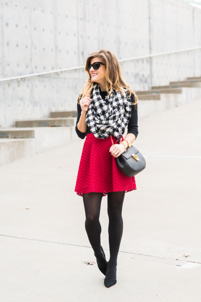 skater skirt, black tights, black pumps, black and white check scarf brightontheday winter outfit