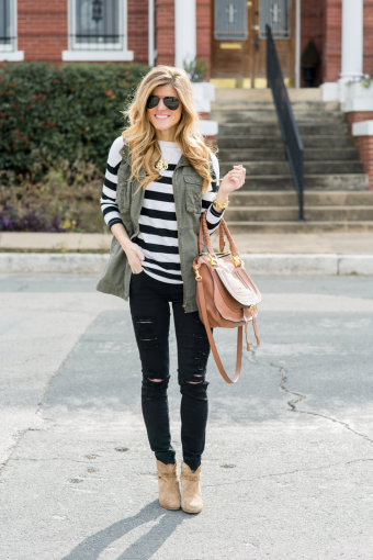 Army Green Vest Outfit With Black And White Stripes