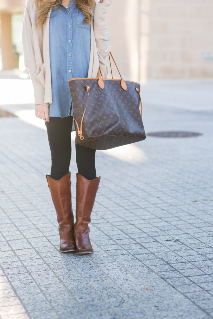 Oversized Chambray with Leggings and Brown Riding Boots