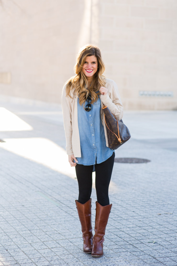 Oversized Chambray with Leggings and Brown Riding Boots