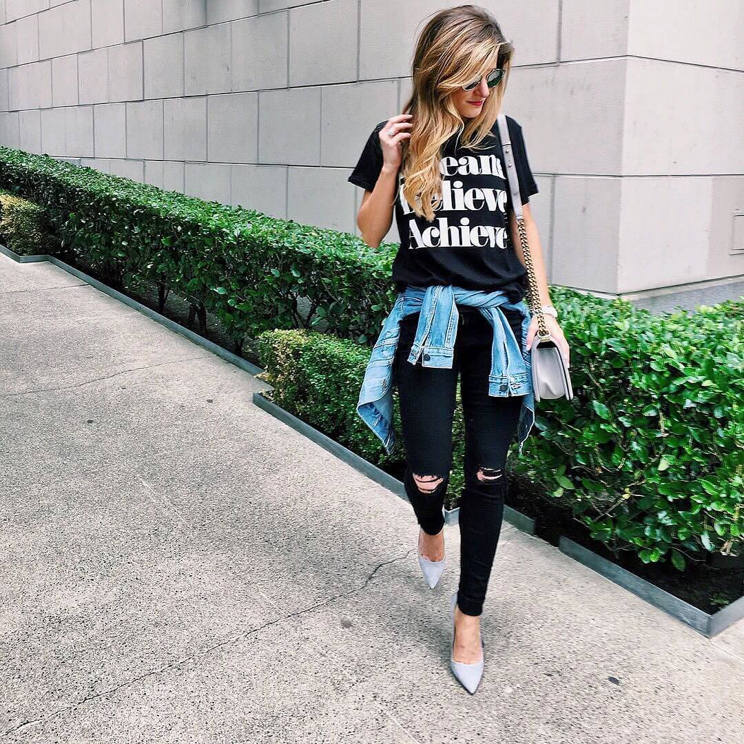denim and black outfit