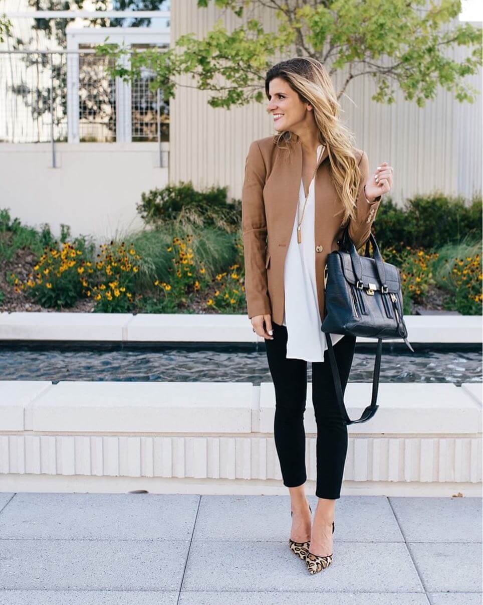 black jeans with tan shoes