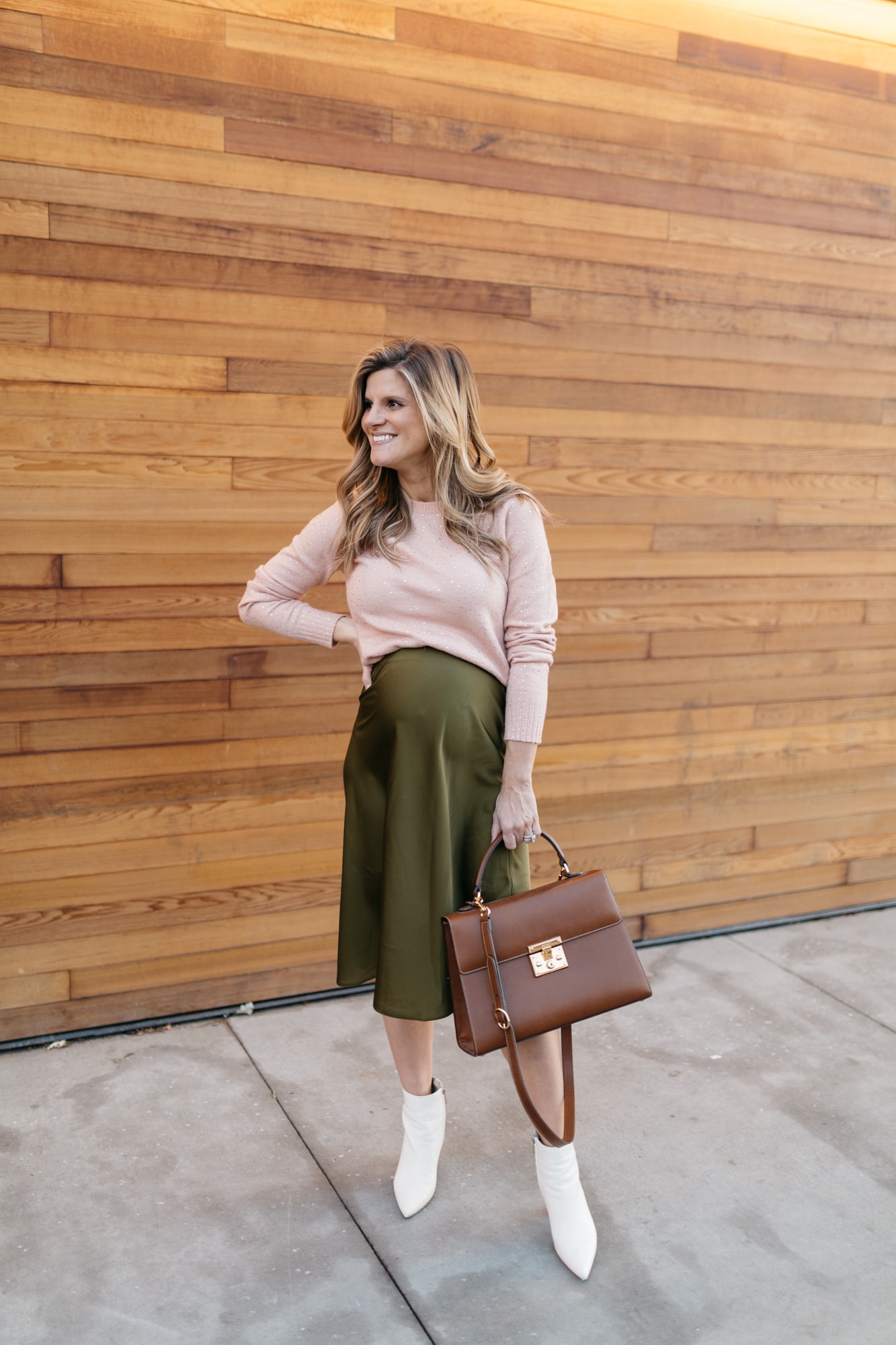 Green sweater and slip skirt outfit