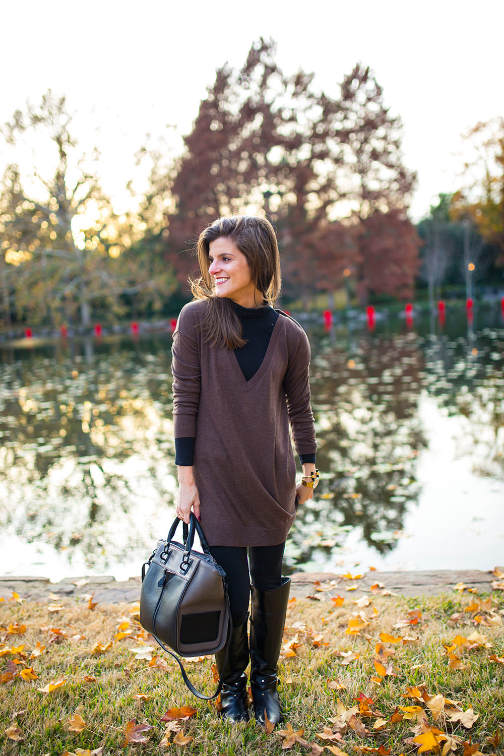 long sweater leggings and tall black riding boots