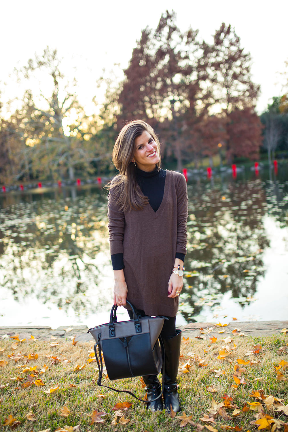 long sweater leggings and tall black riding boots