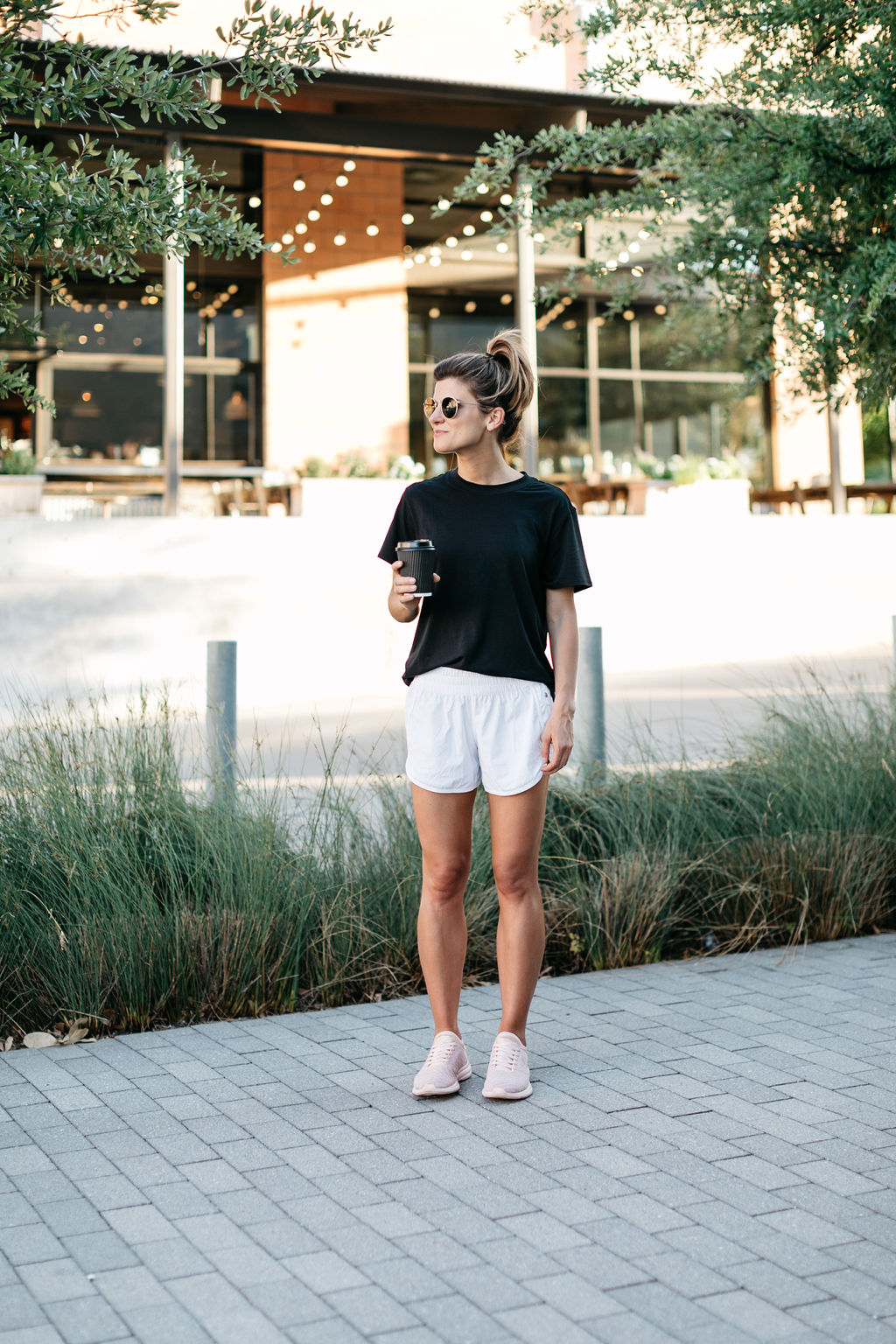 Lululemon 4" tracker shorts in white with black boyfriend tee