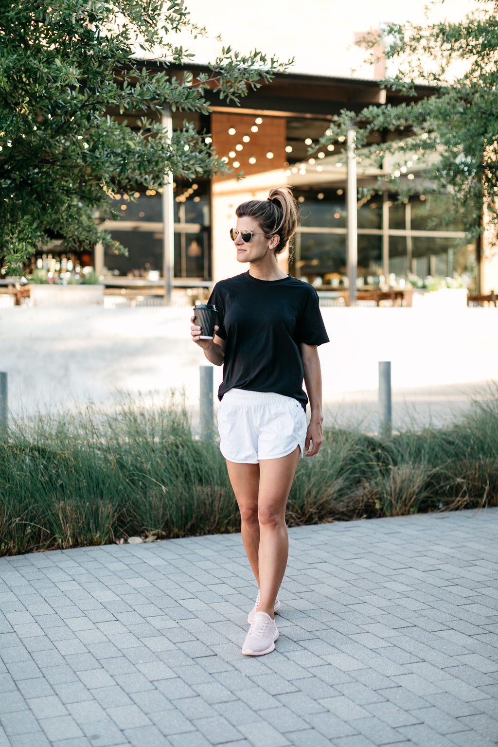 Lululemon 4" tracker shorts in white with black boyfriend tee