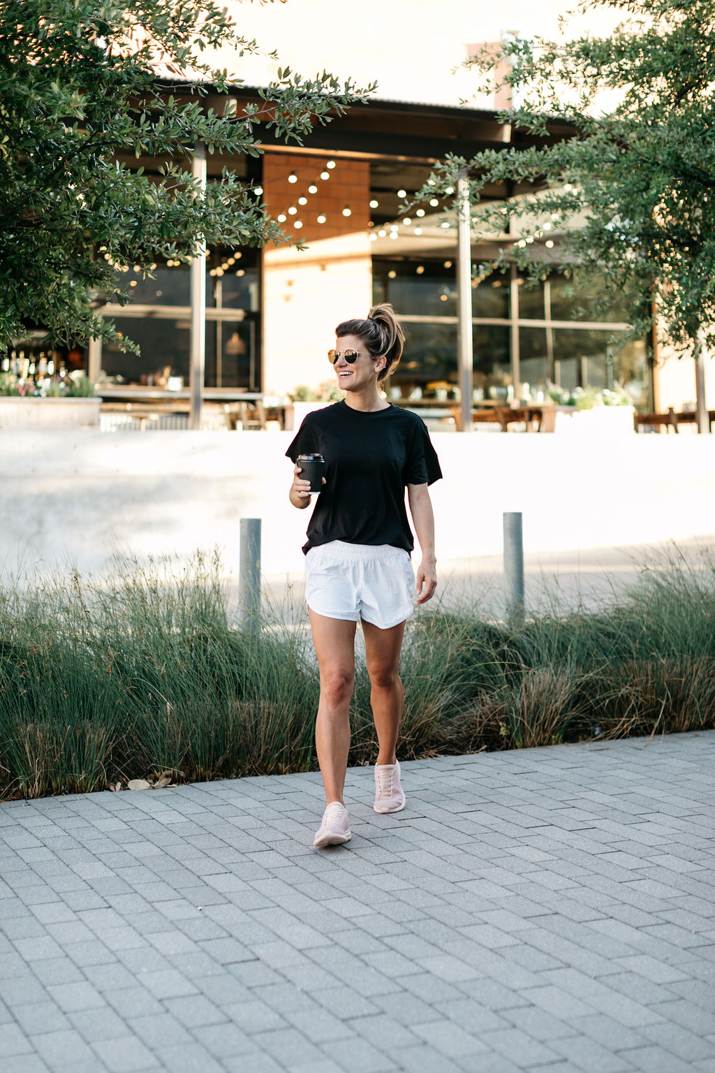 Lululemon 4" tracker shorts in white with black boyfriend tee