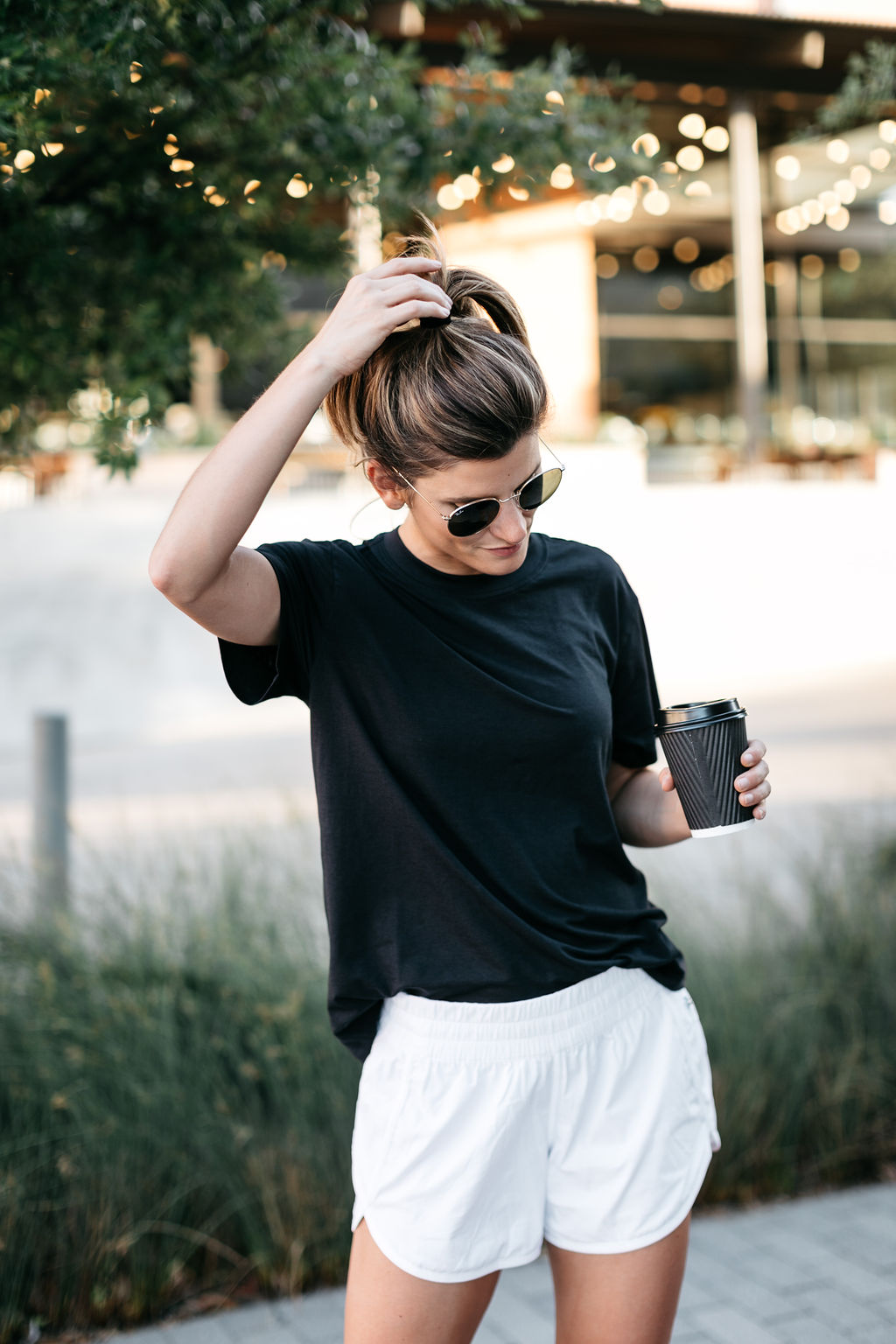 Lululemon 4" tracker shorts in white with black boyfriend tee