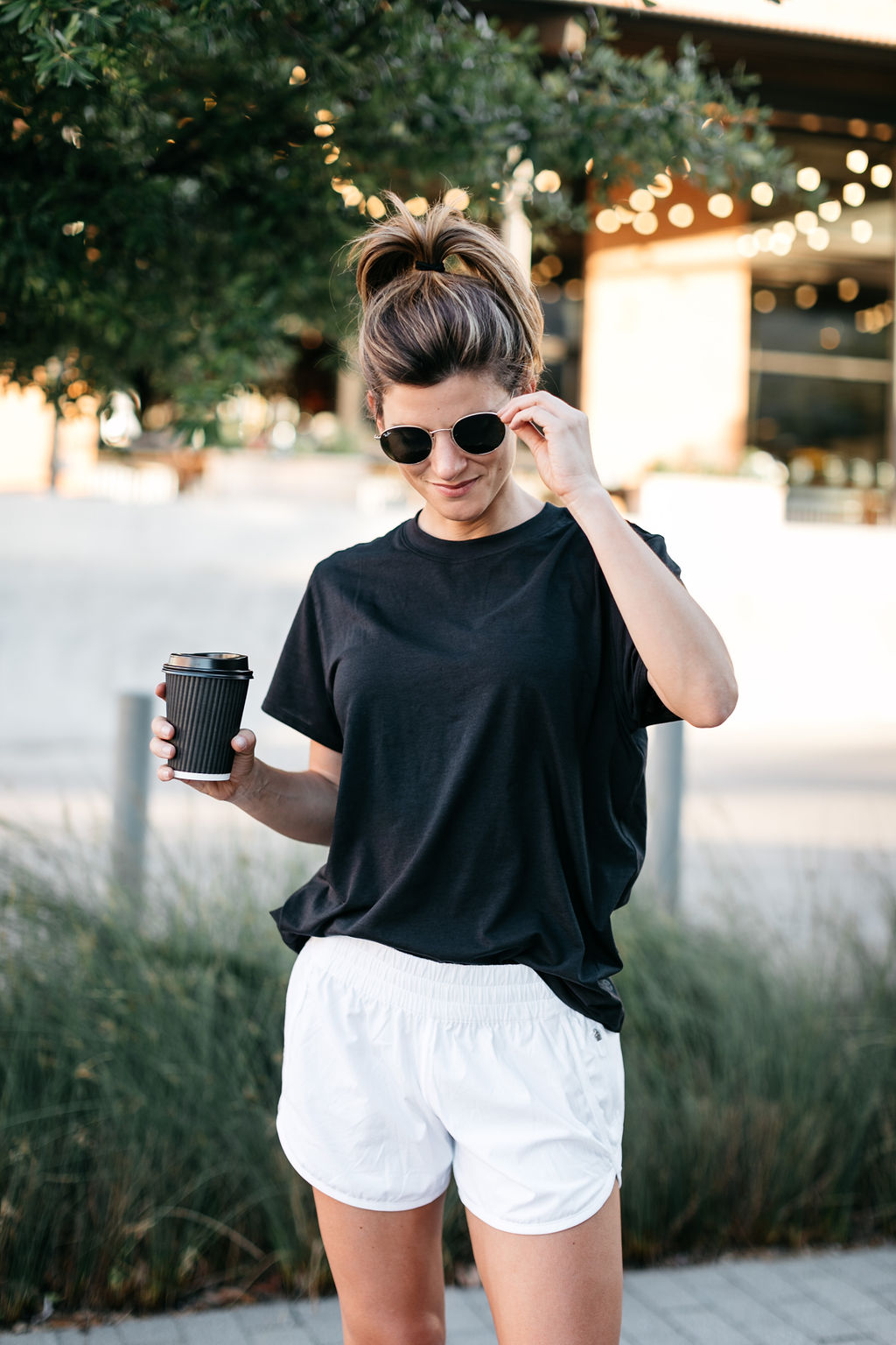 Lululemon 4" tracker shorts in white with black boyfriend tee