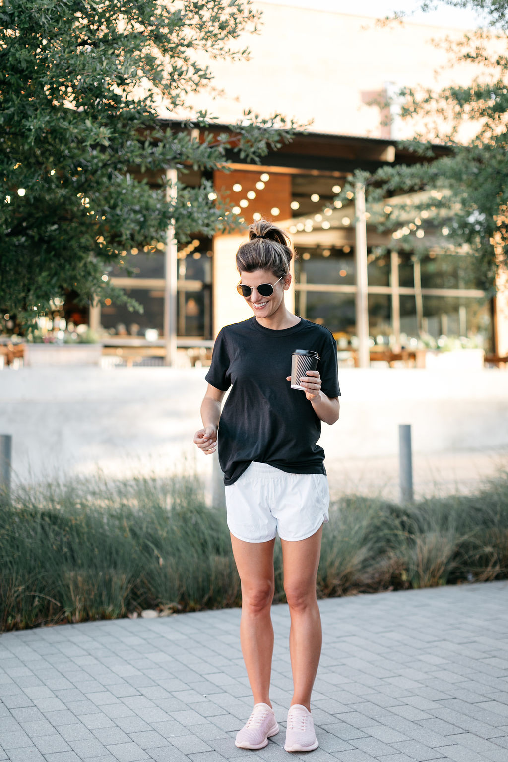 Lululemon 4" tracker shorts in white with black boyfriend tee