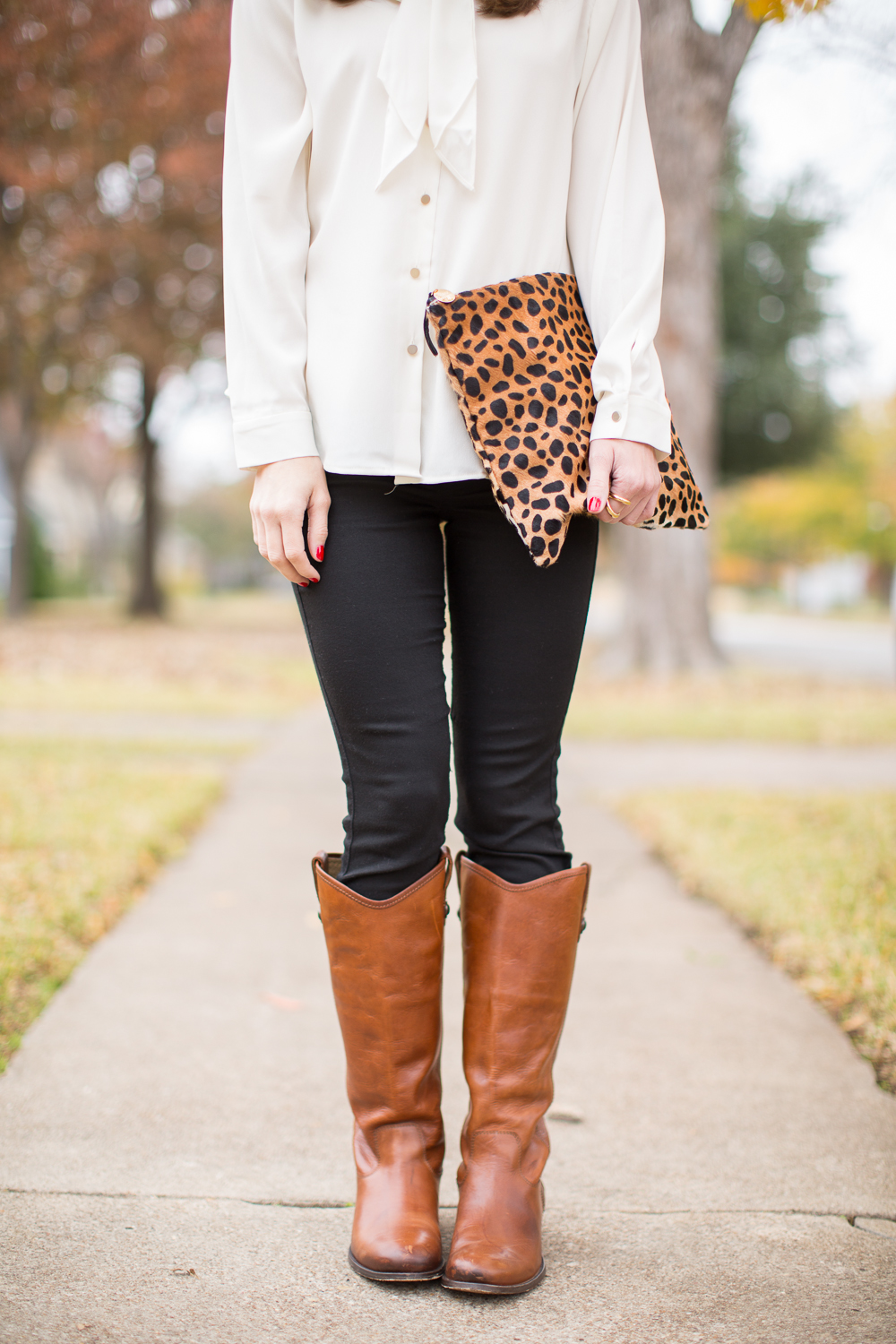 tie neck blouse, clare vivier leopard clutch