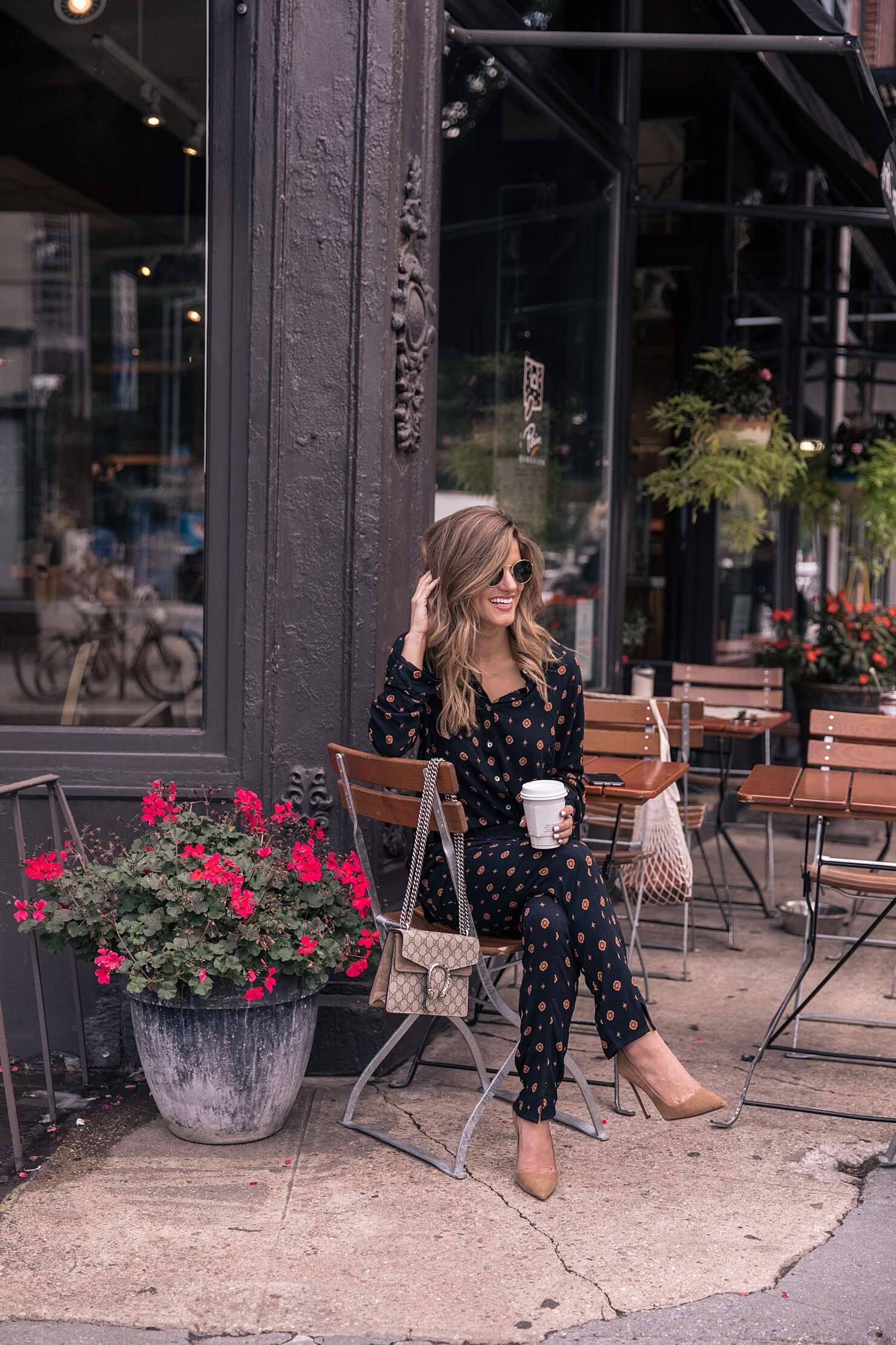 Pajama pant trend // printed shirt and top set // printed pajama pants, shirt and camel colored pumps 