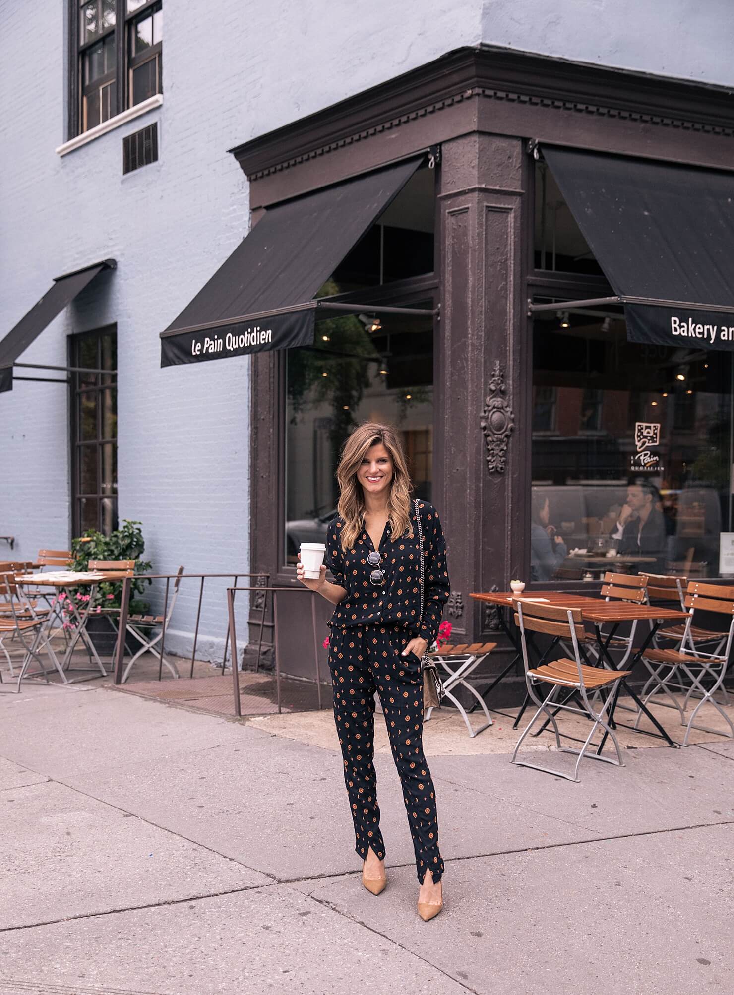 Pajama pant trend // printed shirt and top set // printed pajama pants, shirt and camel colored pumps 