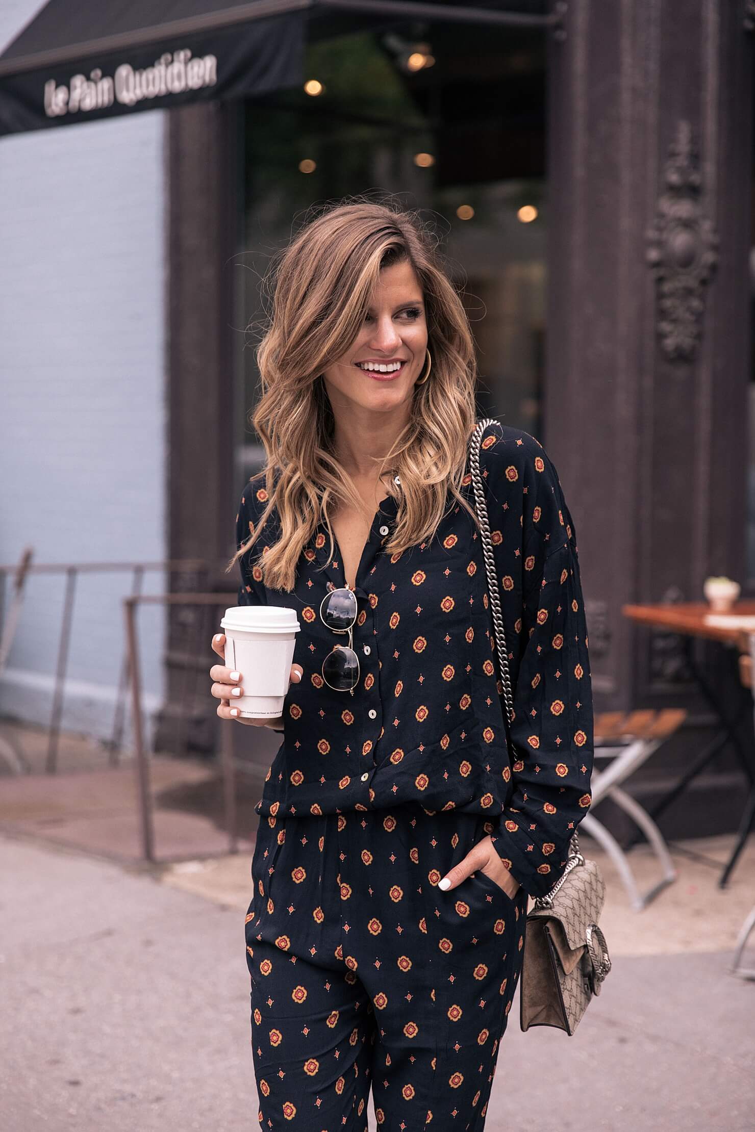 Pajama pant trend // printed shirt and top set // printed pajama pants, shirt and camel colored pumps 