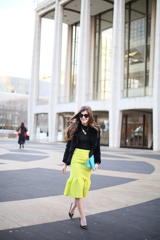 peplum pencil skirt NYFW with licorice too pumps