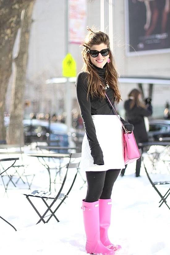 Hot Pink Hunter Rain Boots and Black Tights Winter Outfit