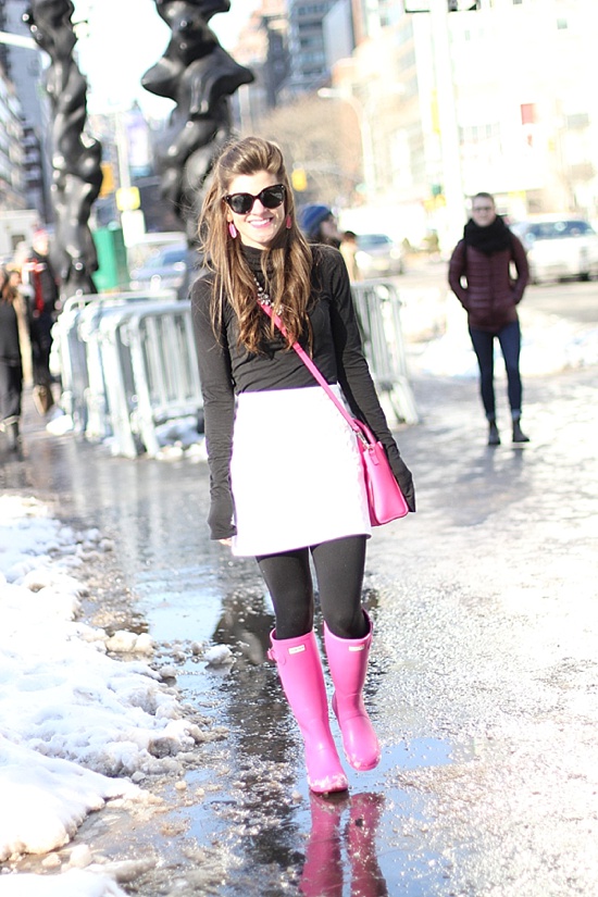 Hot Pink Hunter Rain Boots and Black Tights Winter Outfit