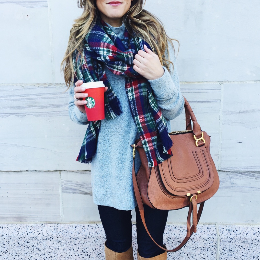 mock turtleneck and plaid scarf