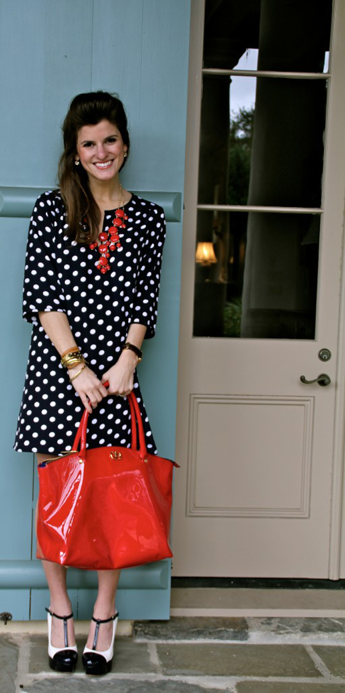 dee keller polka dot dress and red patent bag