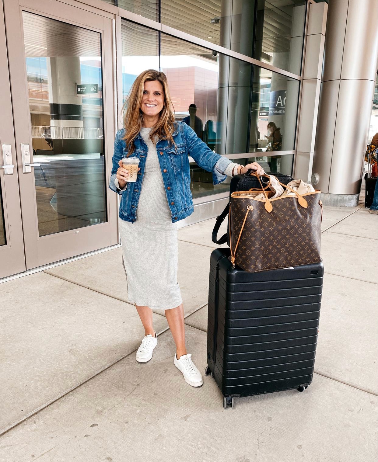 October Favorites Grey Midi dress denim jacket white sneakers Fall Outfit Inspo