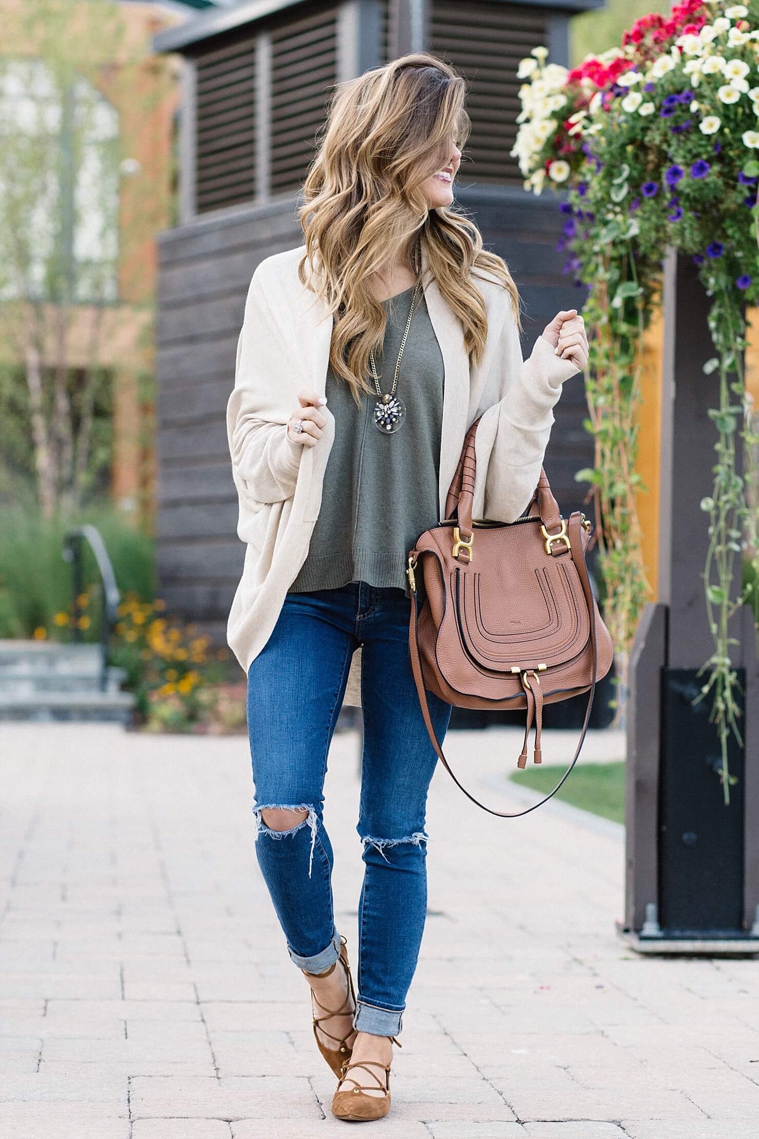 casual fall outfit idea, olive sweater and jeans, distressed jeans rolled up with lace up flats, jeans and flats outfit, pinterest fashion, oversized sweater and skinny jeans outfit, olive green sweater, cognac suede lace up flats