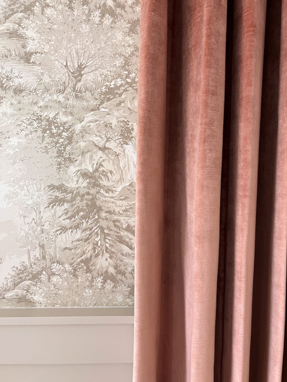 brighton butler nursery sneak peek baby girl, pink velvet drapes and neutral wallpaper