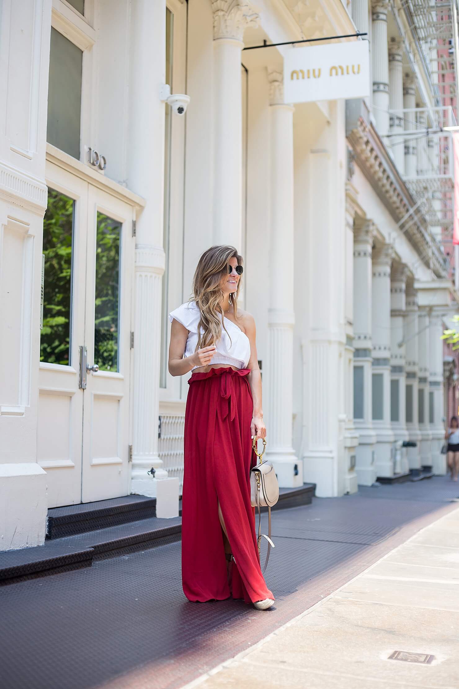 high-wasited high-slit maxi skirt and one shoulder crop top with marc fisher wedges in NYC