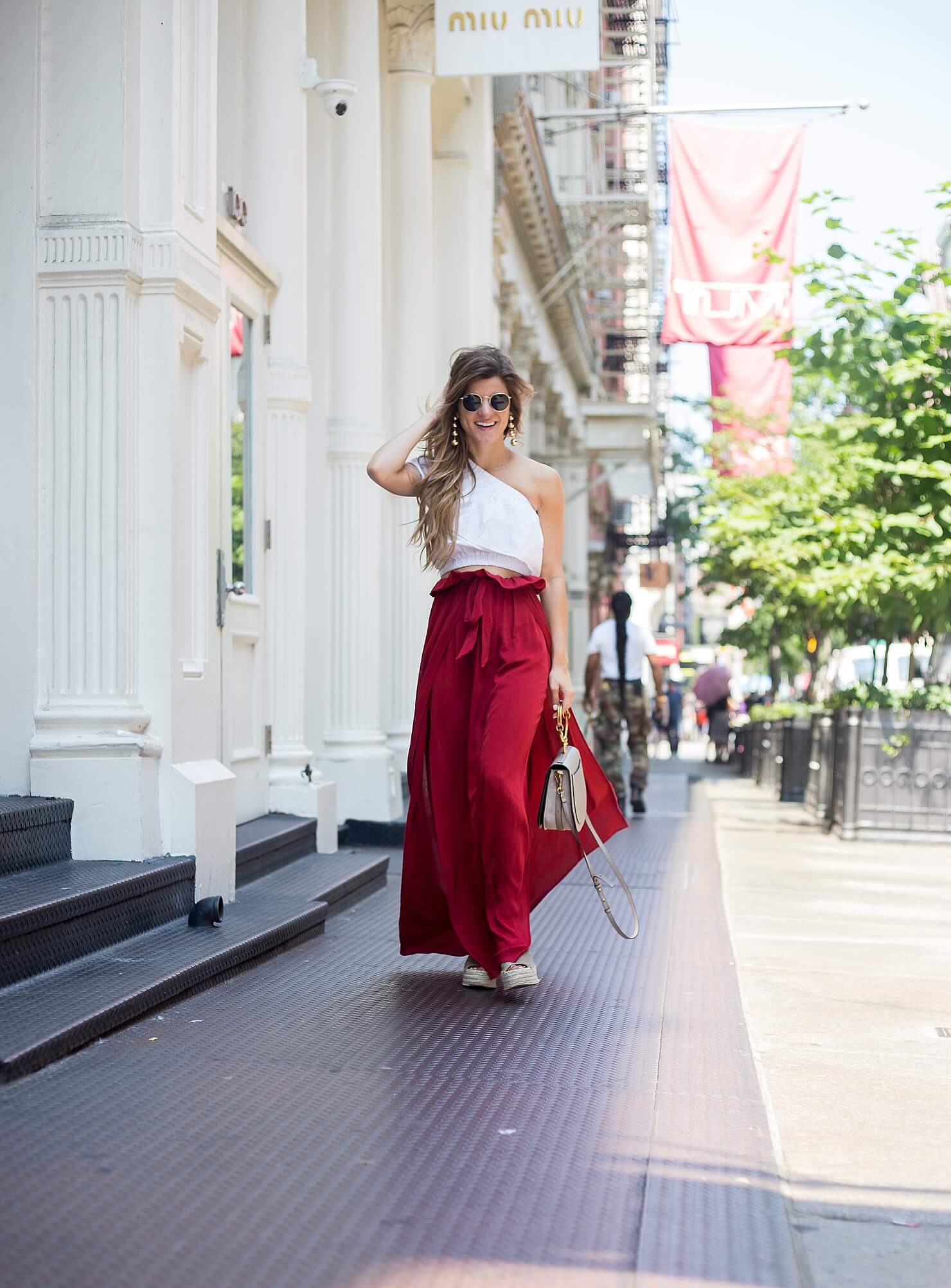 high-wasited high-slit maxi skirt and one shoulder crop top with marc fisher wedges in NYC