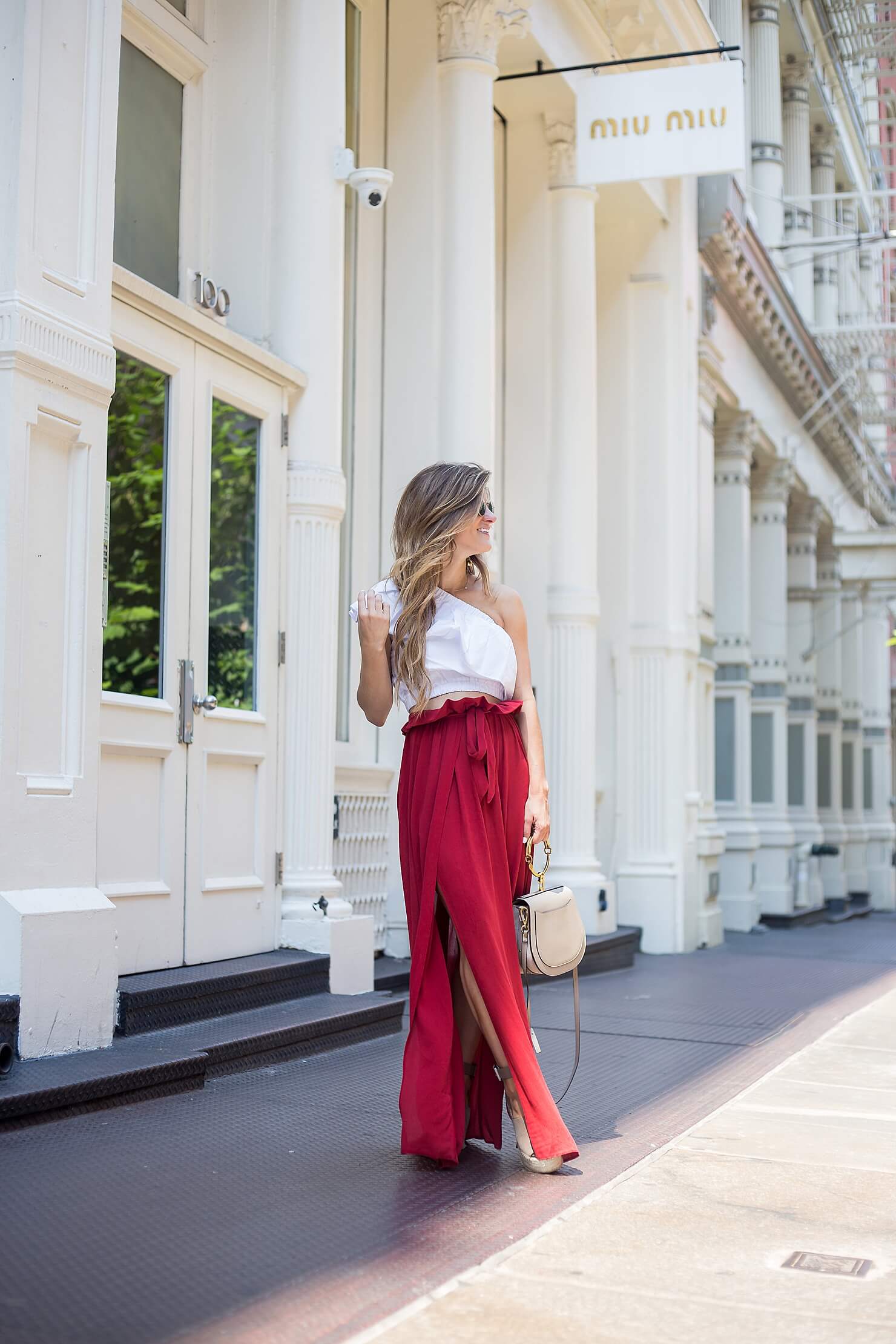 high-wasited high-slit maxi skirt and one shoulder crop top with marc fisher wedges in NYC