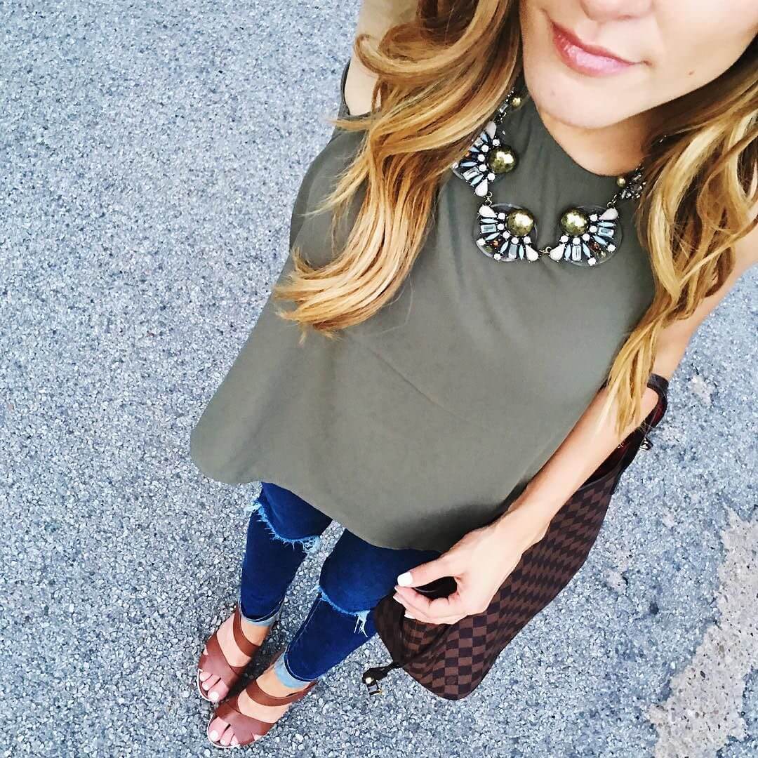 brighton the day from above of olive tank and statement necklace ootd