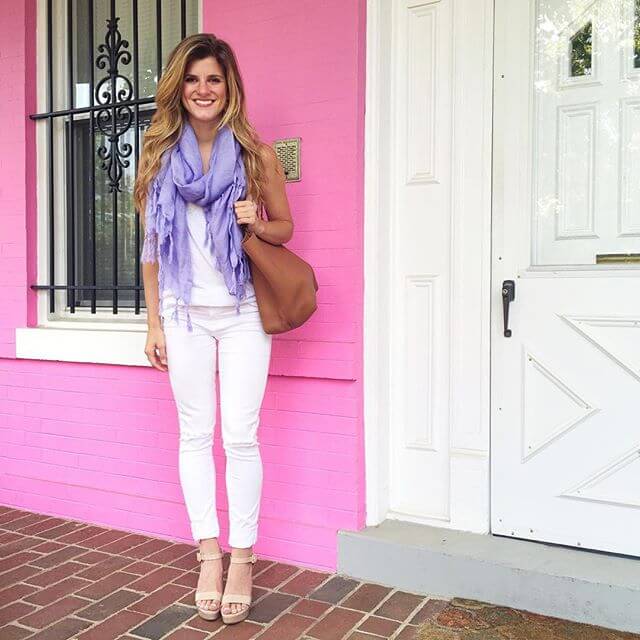 white jeans with white and a pop of color 