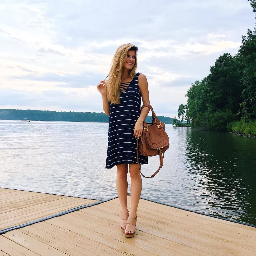 blue and white striped dress