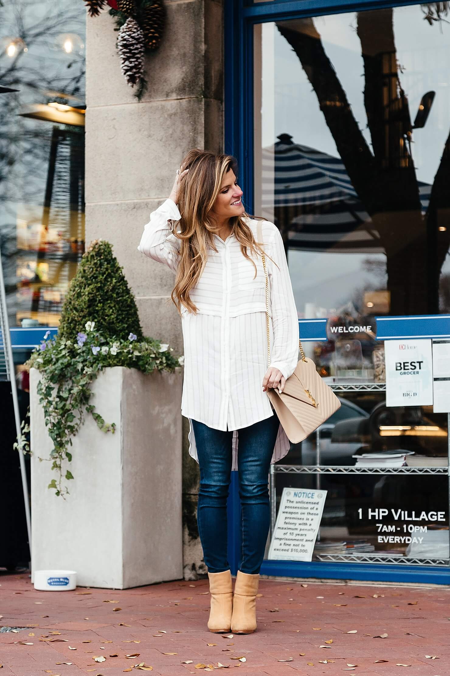 brighton the day button up tunic and jeans with brown booties 