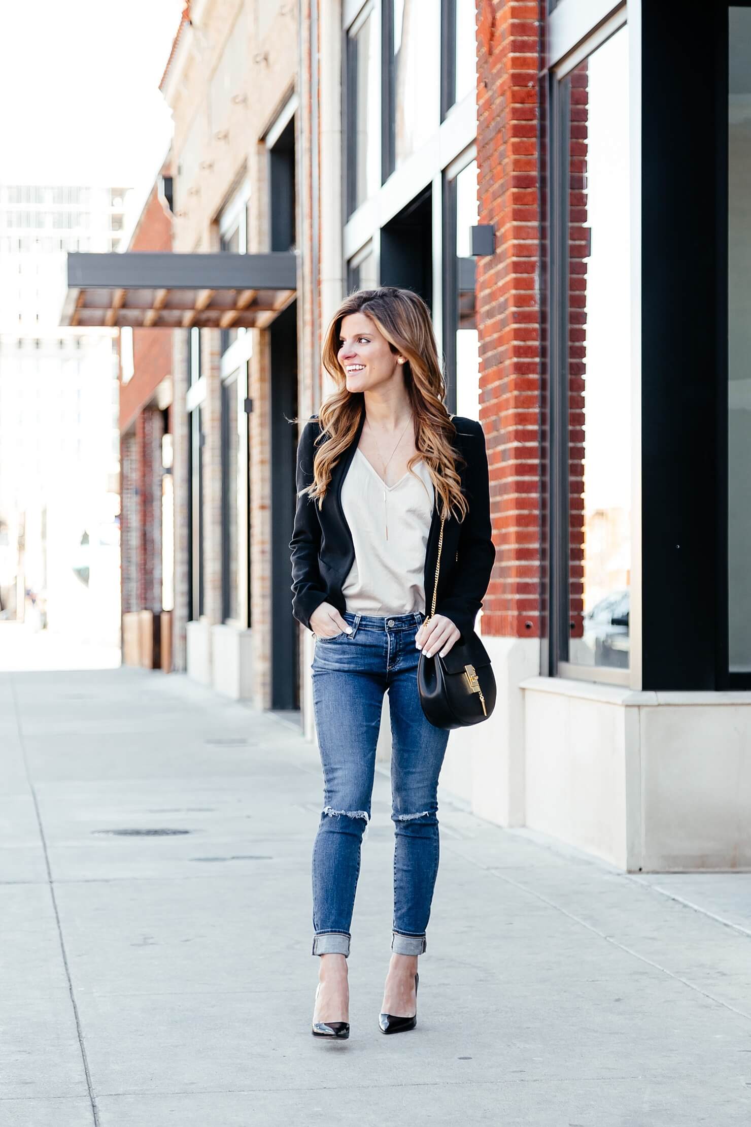 brighton keller styling a black blazer, satin camisole tank and blazer