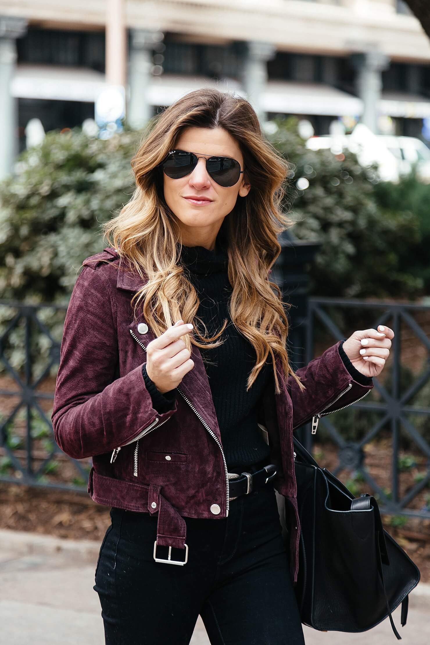 blankNYC burgundy suede biker jacket, suede moto jacket, all black outfit