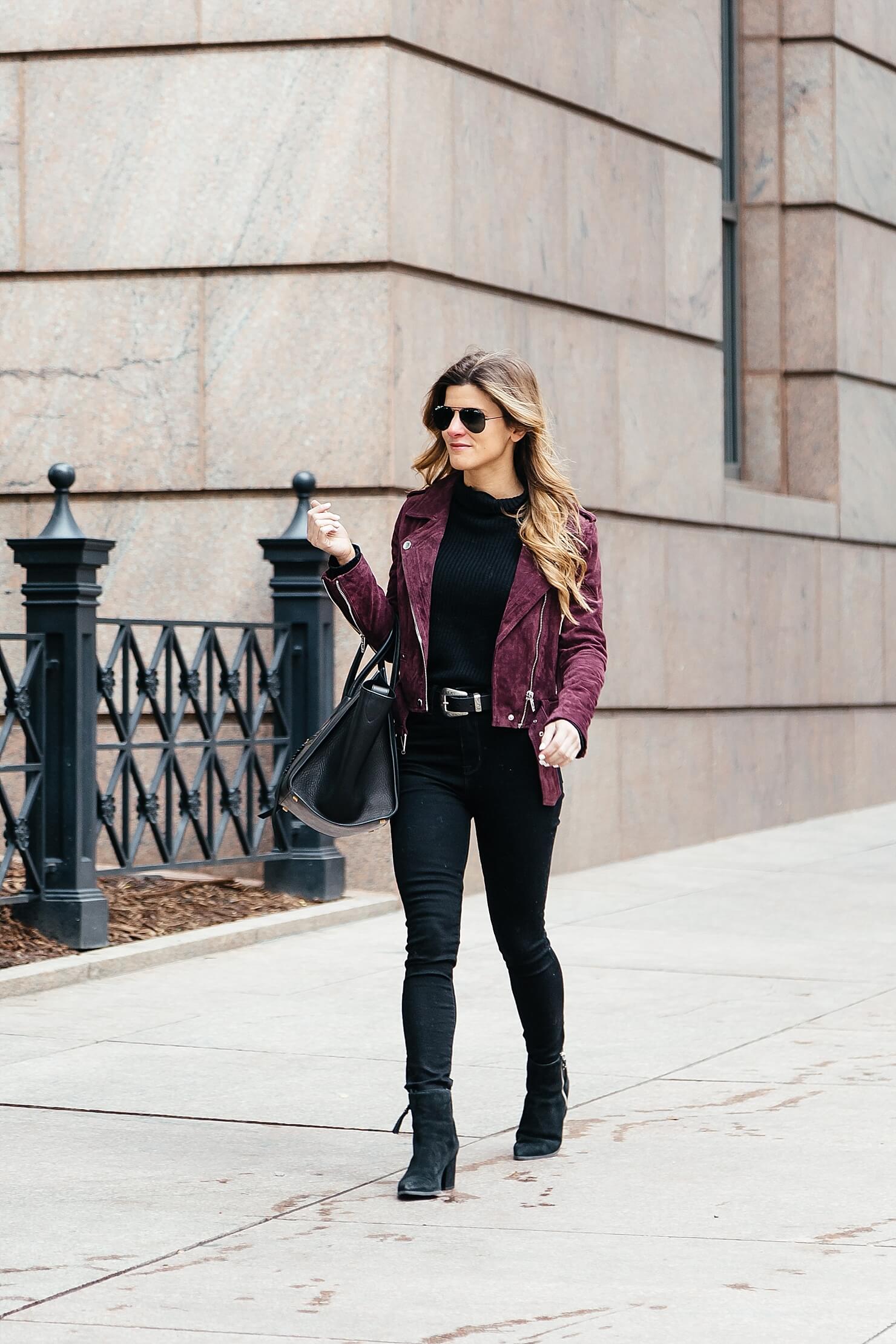 all black outfit, black booties, burgundy suede moto jacket, celine phantom tote, mother denim high-waisted jeans