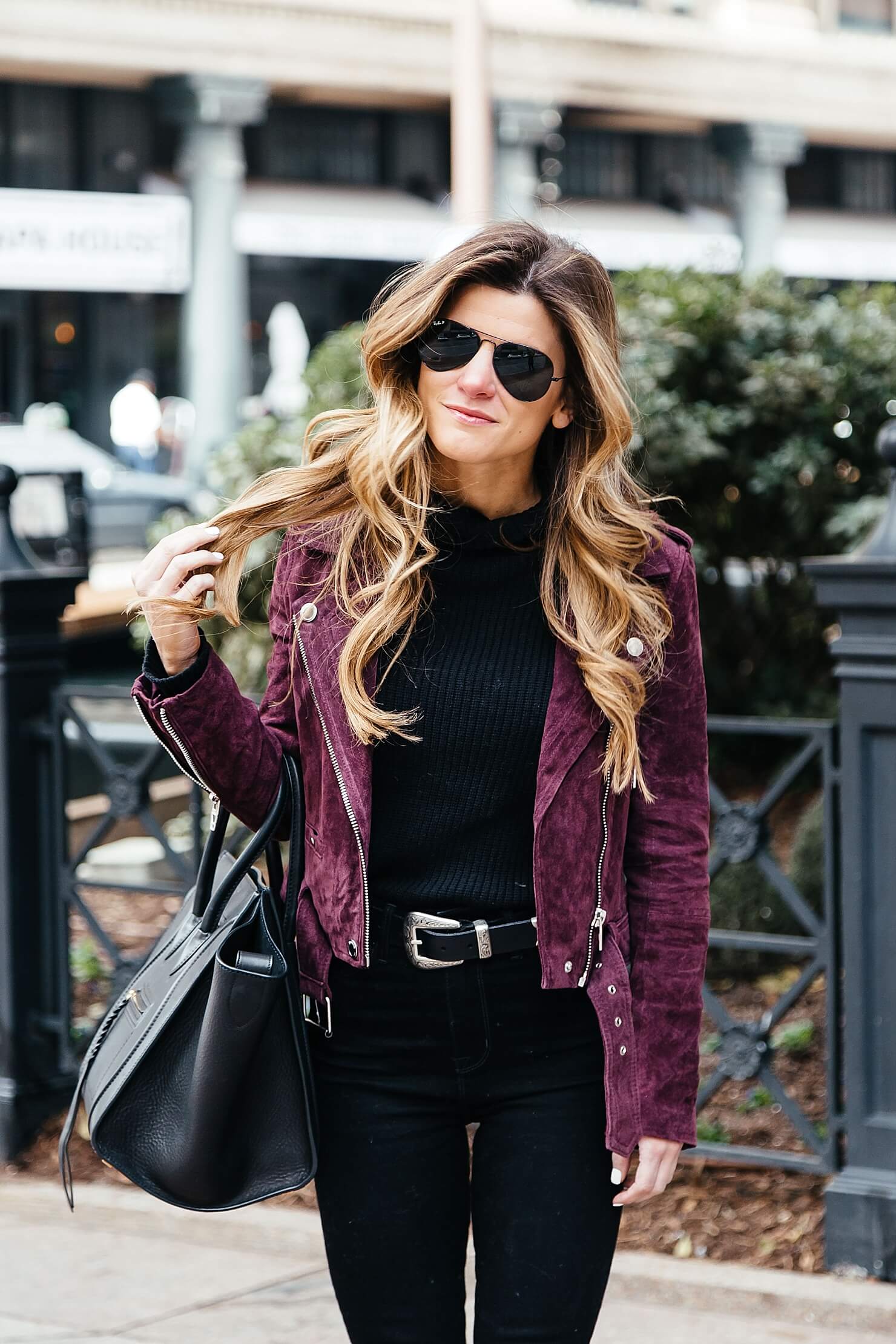 blankNYC burgundy suede biker jacket, suede moto jacket, all black outfit, all black aviators